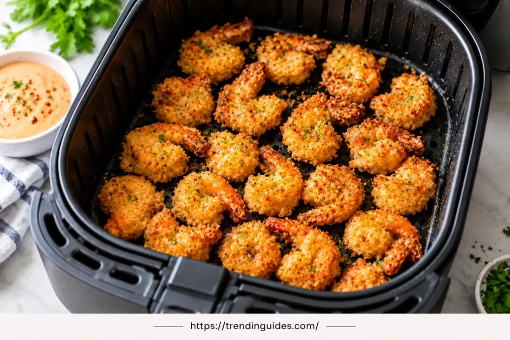 Air fryer basket with crispy shrimp