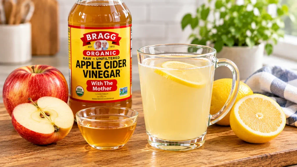 Glass of apple cider vinegar drink with an apple and vinegar bottle