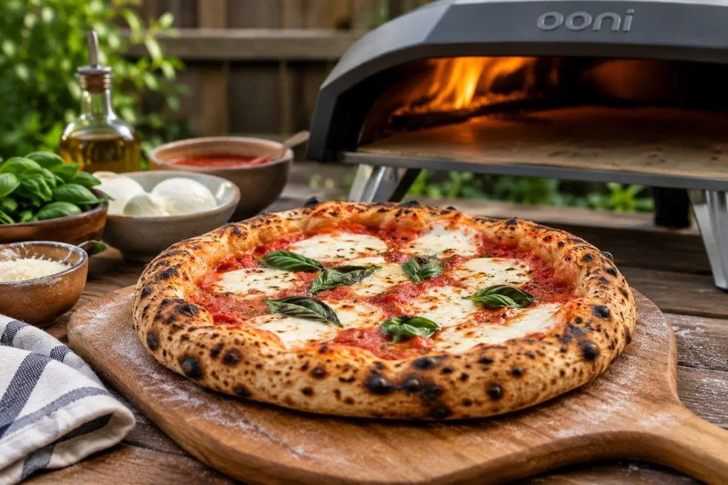 Neapolitan pizza baked in an Ooni oven