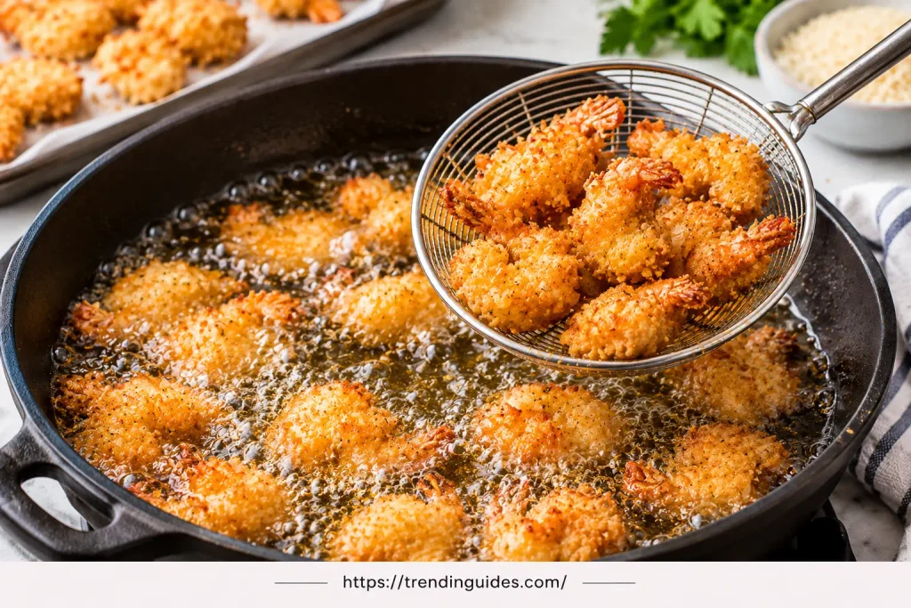 Breaded shrimp frying in hot oil