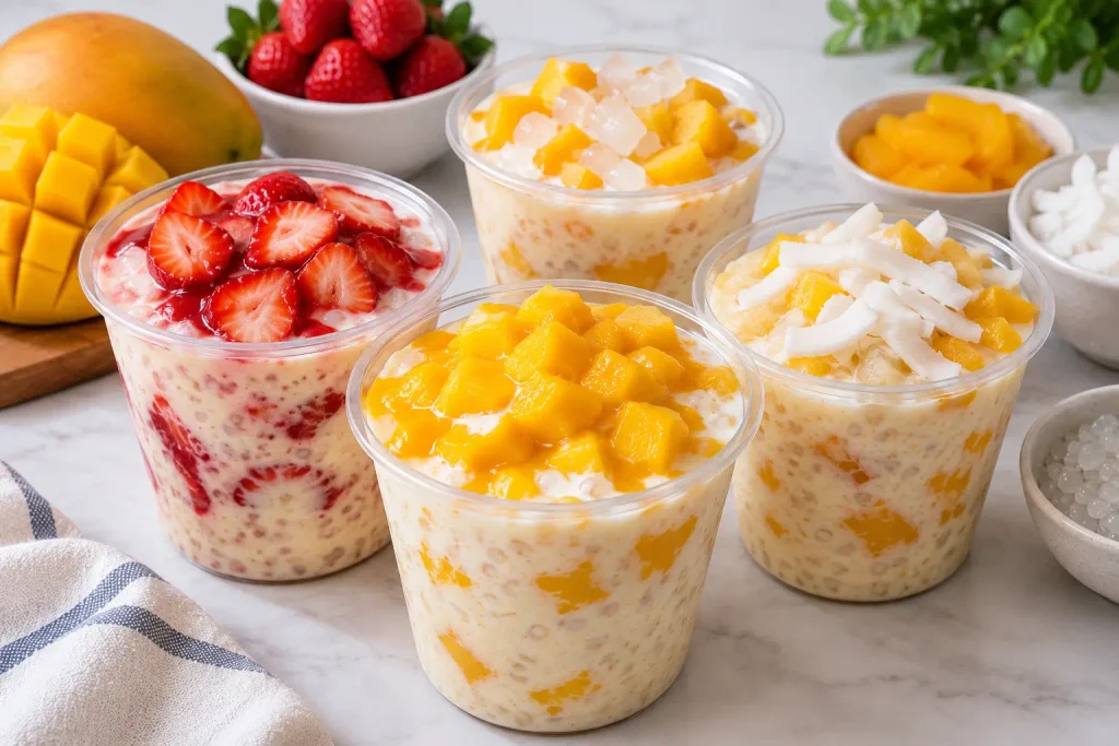 Mango tapioca topped with fresh fruit