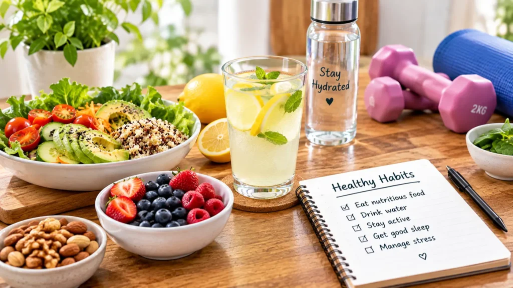 Healthy meal, fresh fruit, water, and exercise equipment on a wooden table