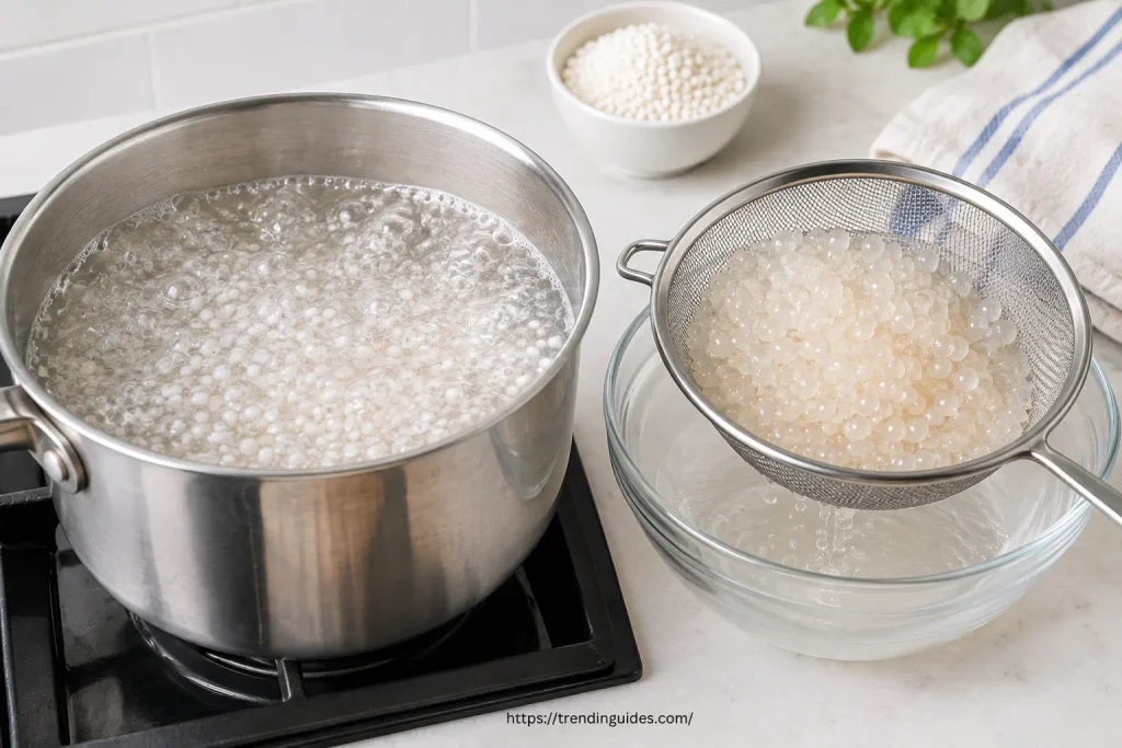 Tapioca pearls boiling and draining in a strainer
