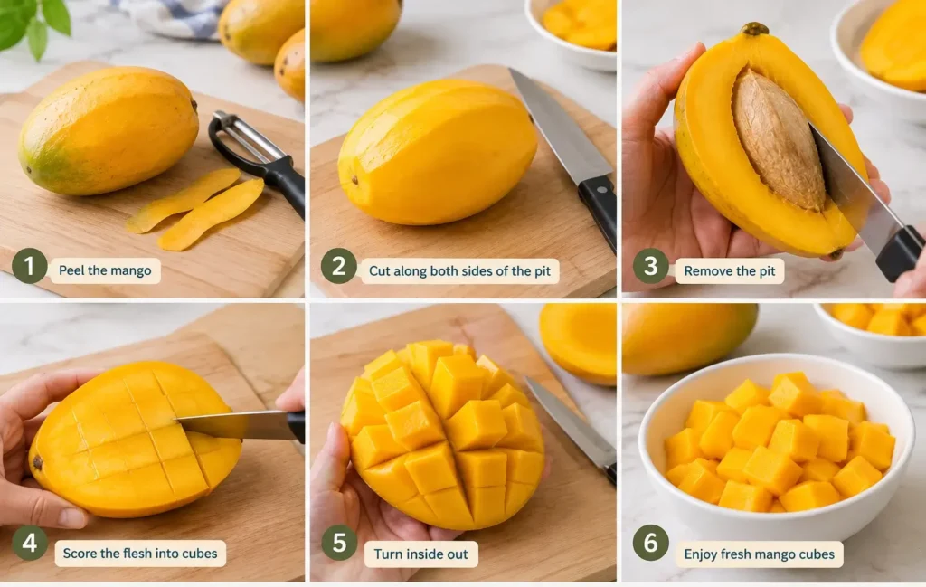 Fresh mango being peeled and cut into cubes