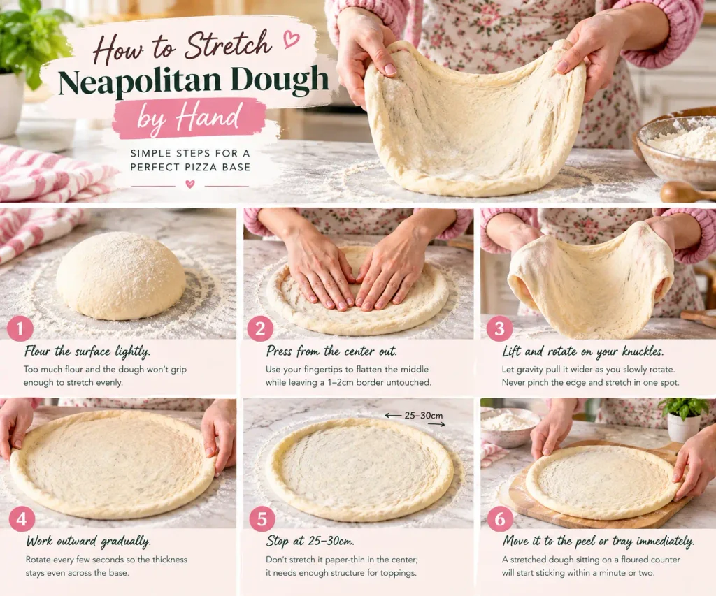 Hand stretching Neapolitan pizza dough