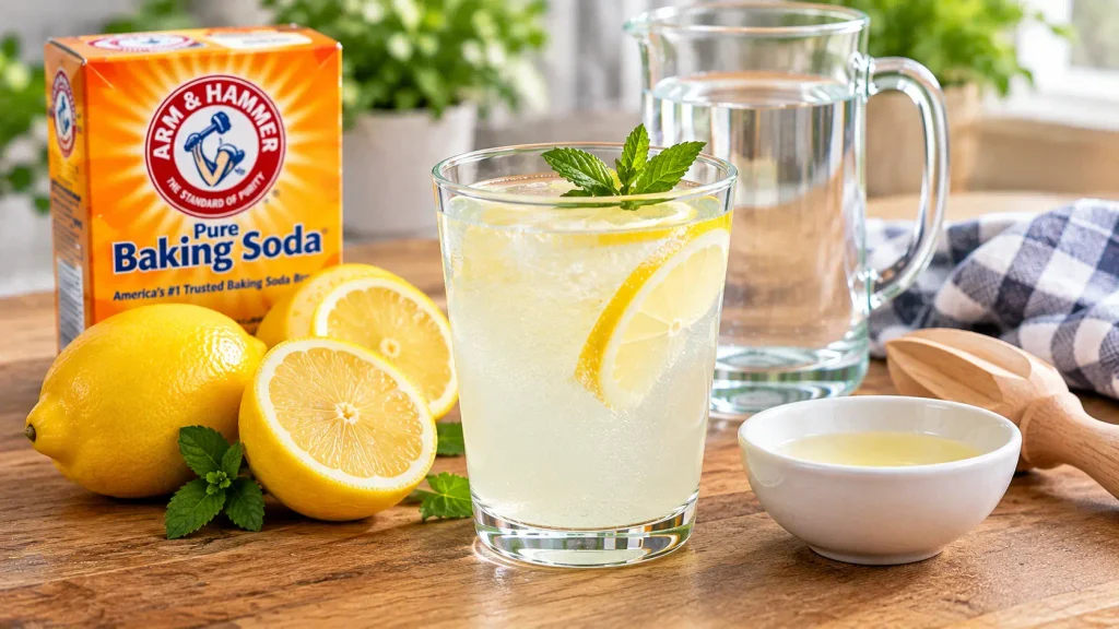 Lemon slices and mint beside a glass of lemon-infused water