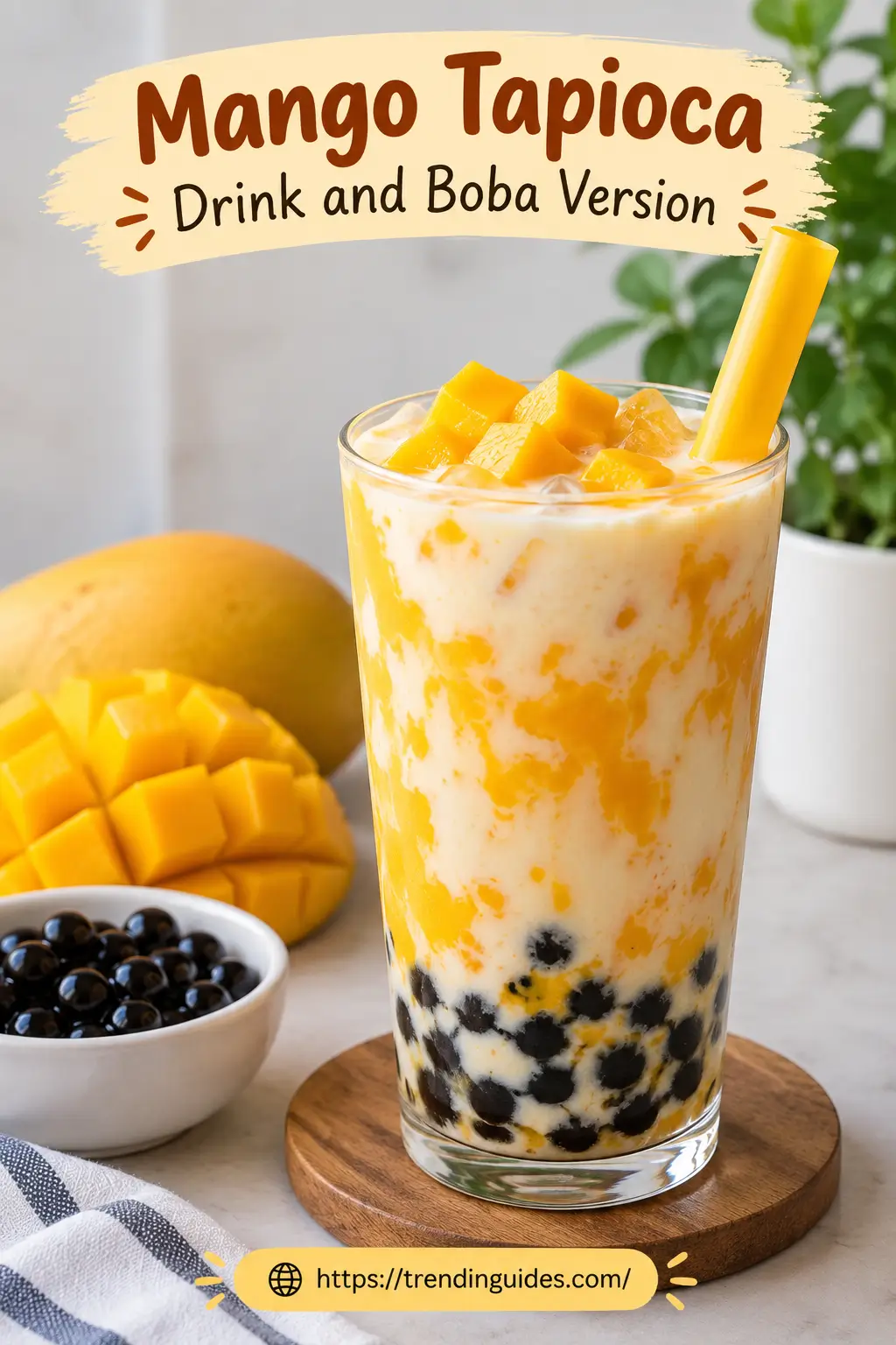 Mango boba drink with tapioca pearls and milk