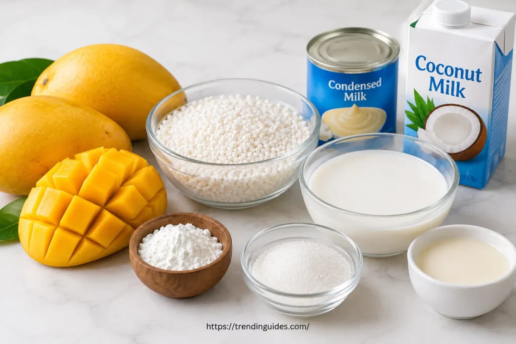 Mango tapioca ingredients with coconut milk and pearls