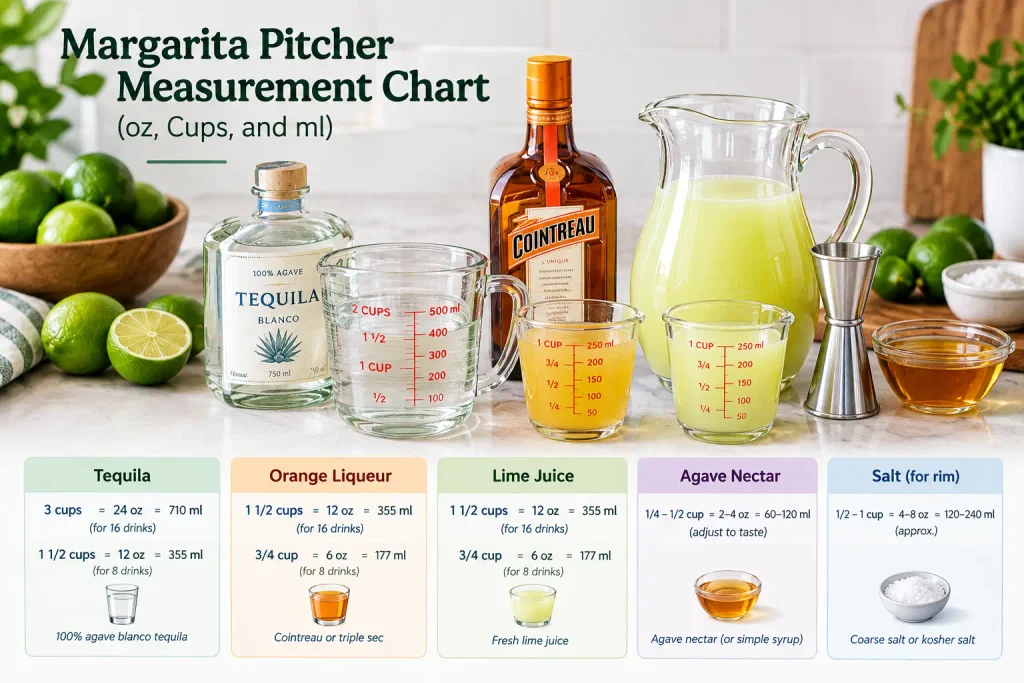 Margarita pitcher measurement chart showing tequila, orange liqueur, lime juice, and serving measurements in cups, ounces, and milliliters.