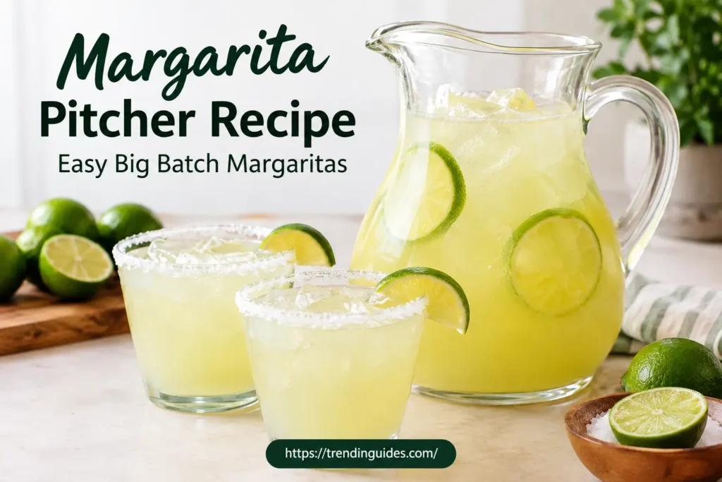 Margarita pitcher filled with fresh lime margaritas and ice, surrounded by two salt-rimmed margarita glasses, fresh limes, and a bowl of salt on a kitchen counter.
