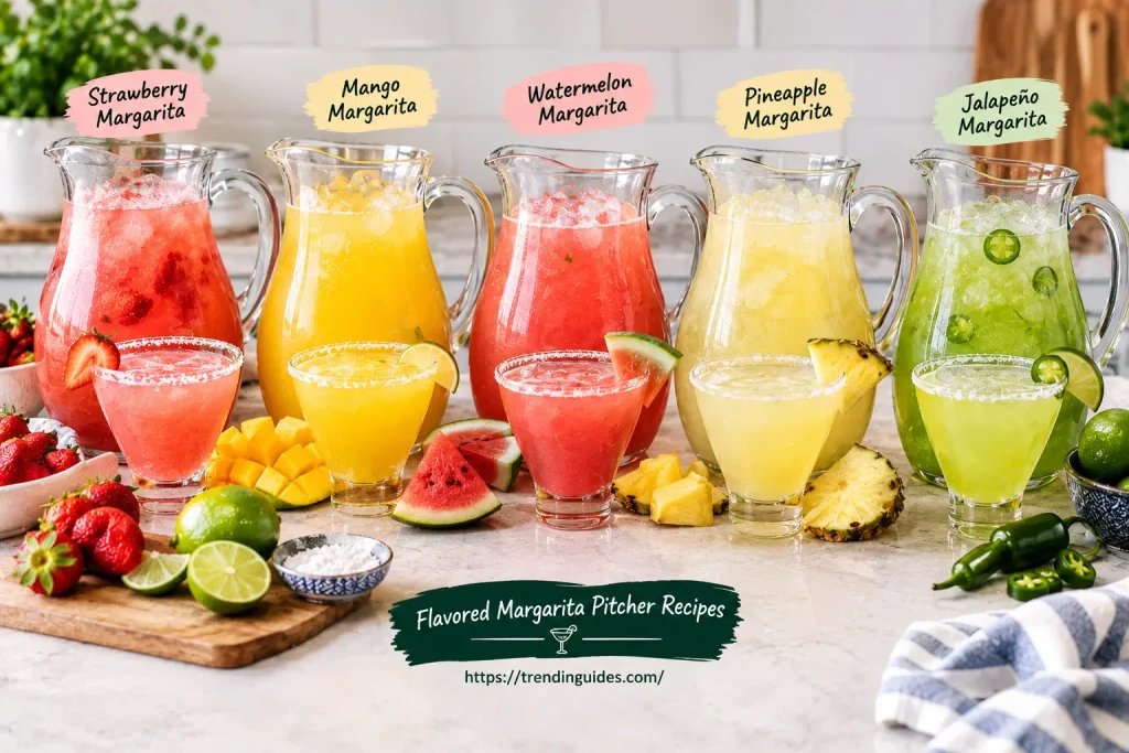 Flavored margarita pitcher recipes featuring strawberry, mango, watermelon, pineapple, and jalapeño margaritas with fresh fruit garnishes.