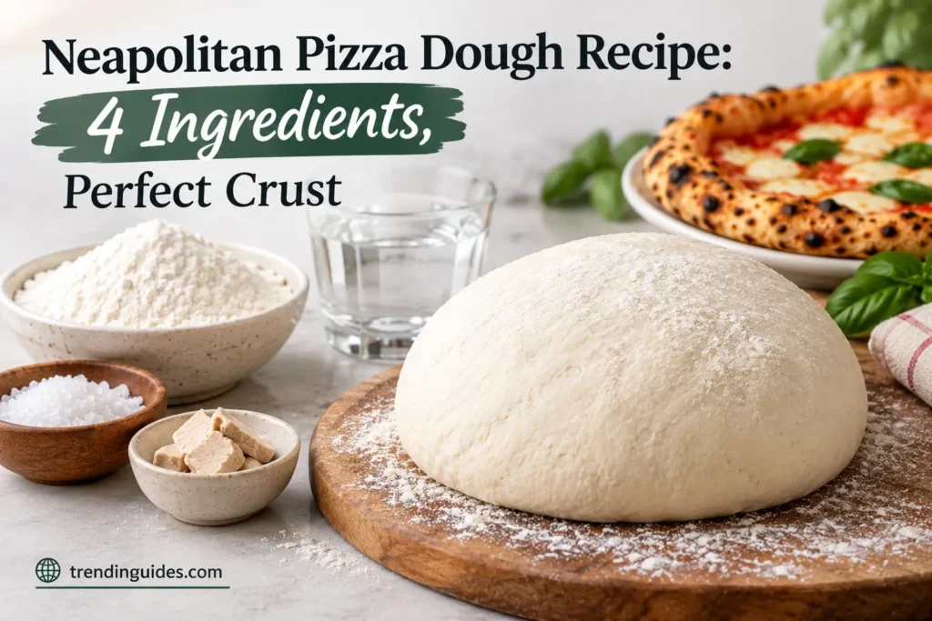 Neapolitan pizza dough recipe with four ingredients and a flour-dusted dough ball for a perfect crust.