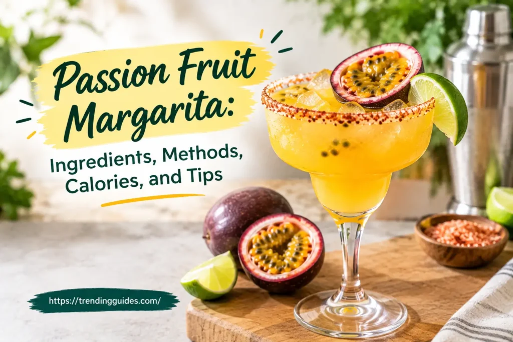 Passion fruit margarita ingredients with tequila, lime and puree