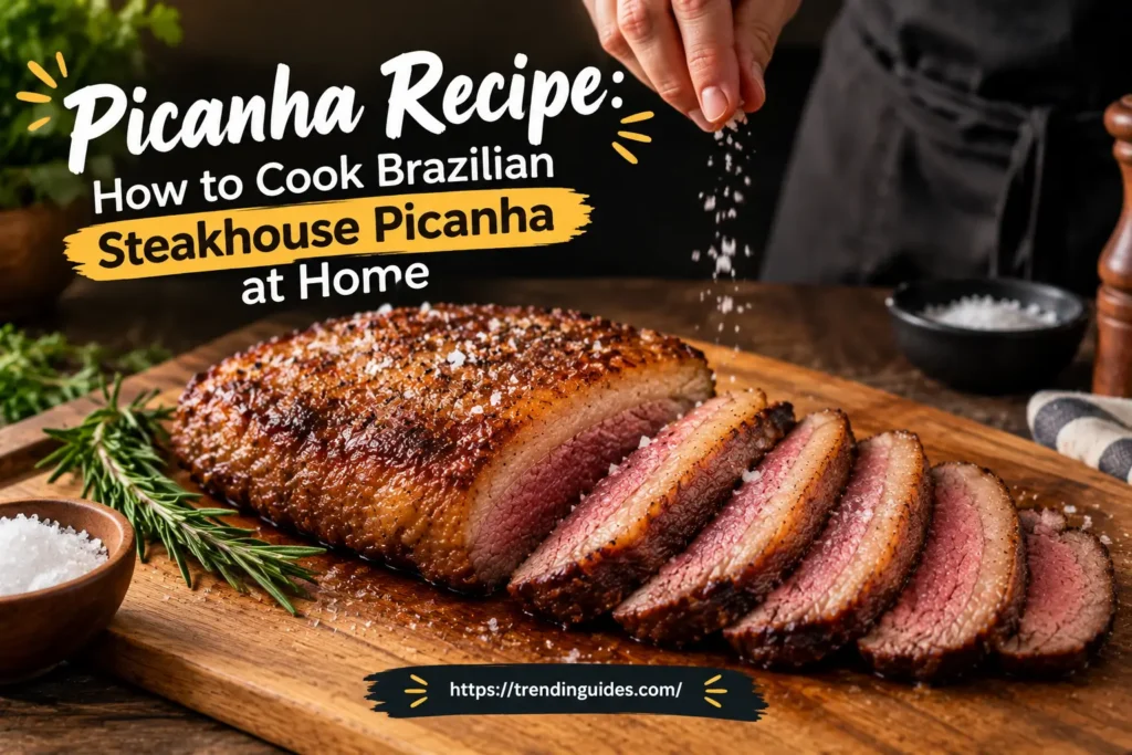 Sliced picanha steak with a crispy fat cap