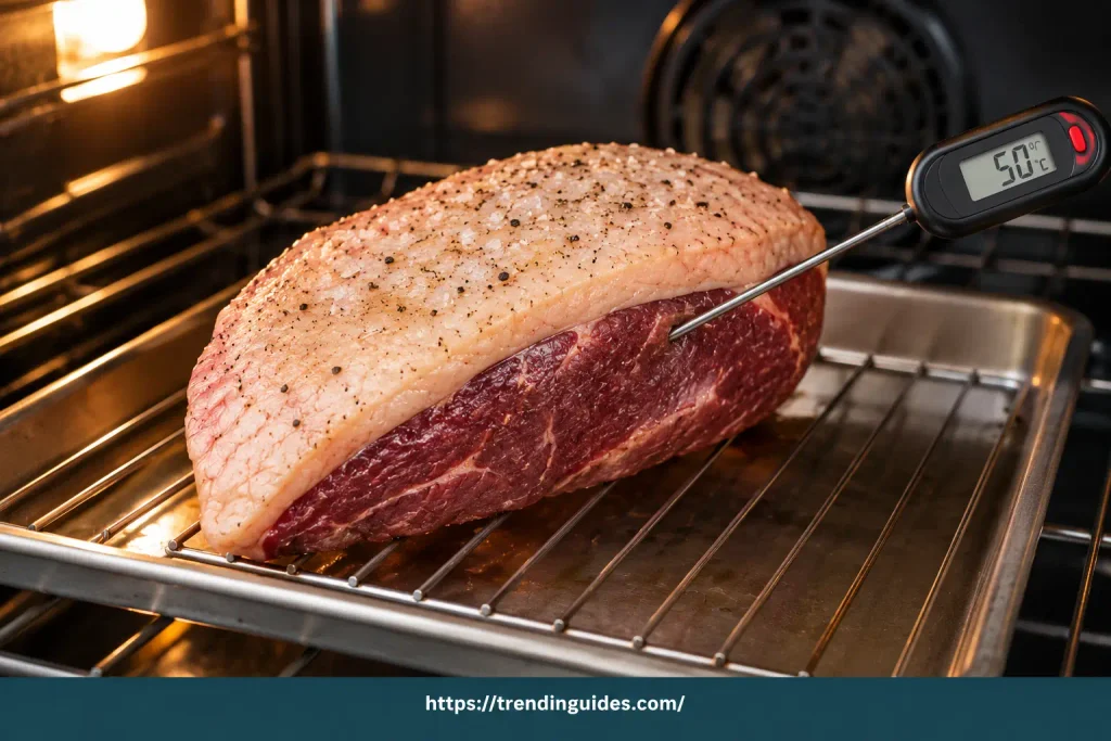 Picanha roasting in the oven with a thermometer