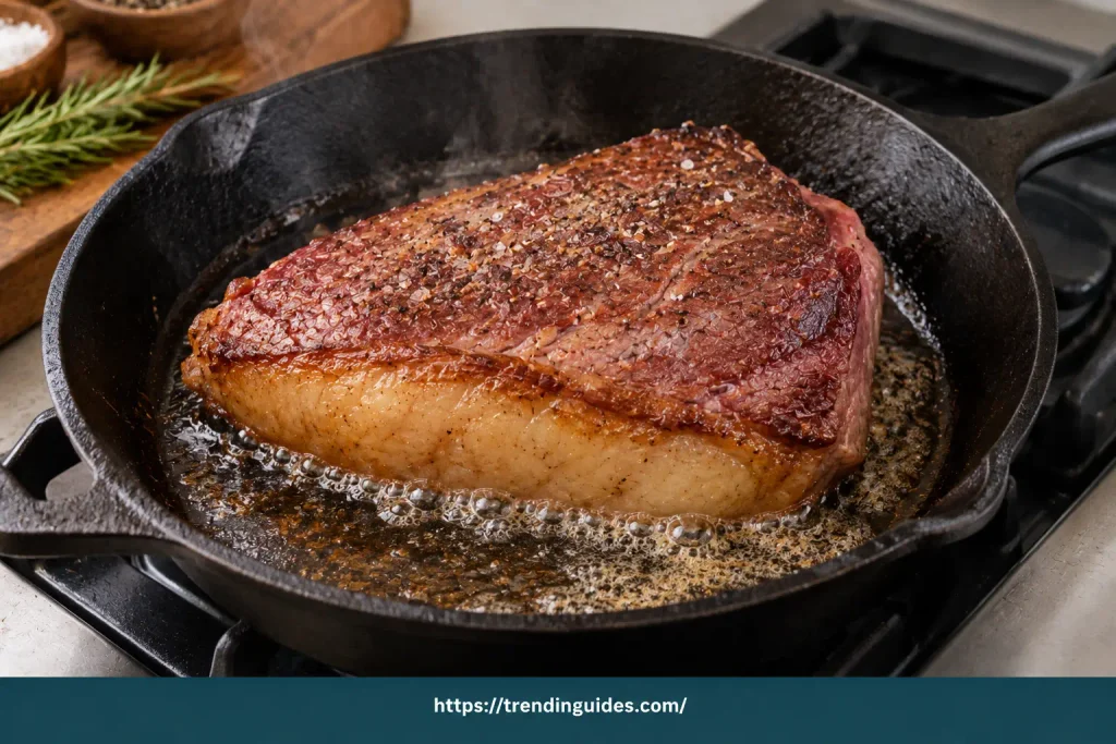 Picanha searing fat-side down in a cast iron skillet