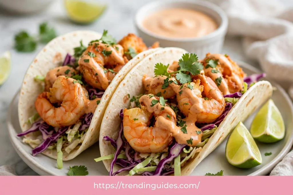 Bang bang shrimp tacos with slaw and sauce