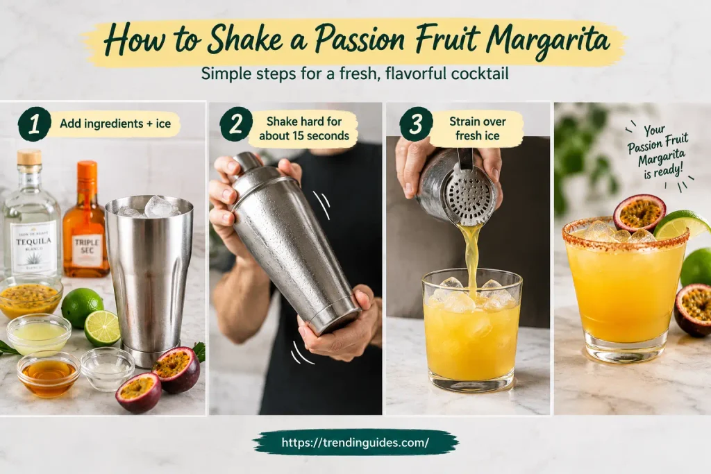 Three steps for shaking a passion fruit margarita