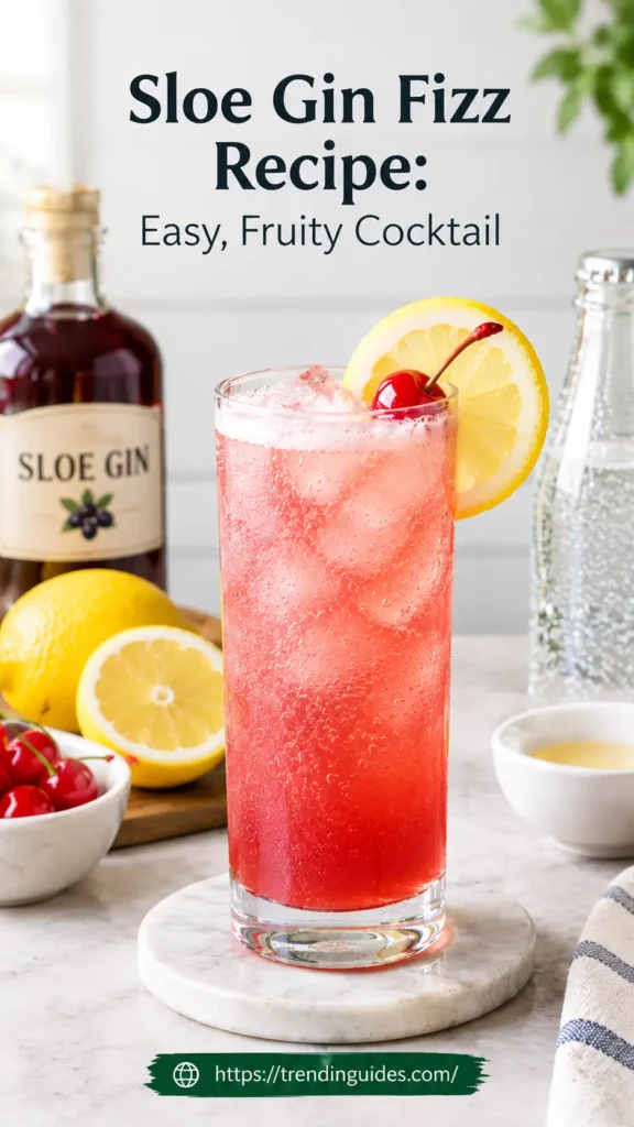 A Sloe Gin Fizz recipe combines sloe gin, fresh lemon juice, simple syrup, and sparkling water into a tart, fruity, refreshing cocktail.