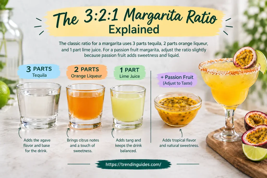 3:2:1 margarita ratio with tequila, orange liqueur and lime