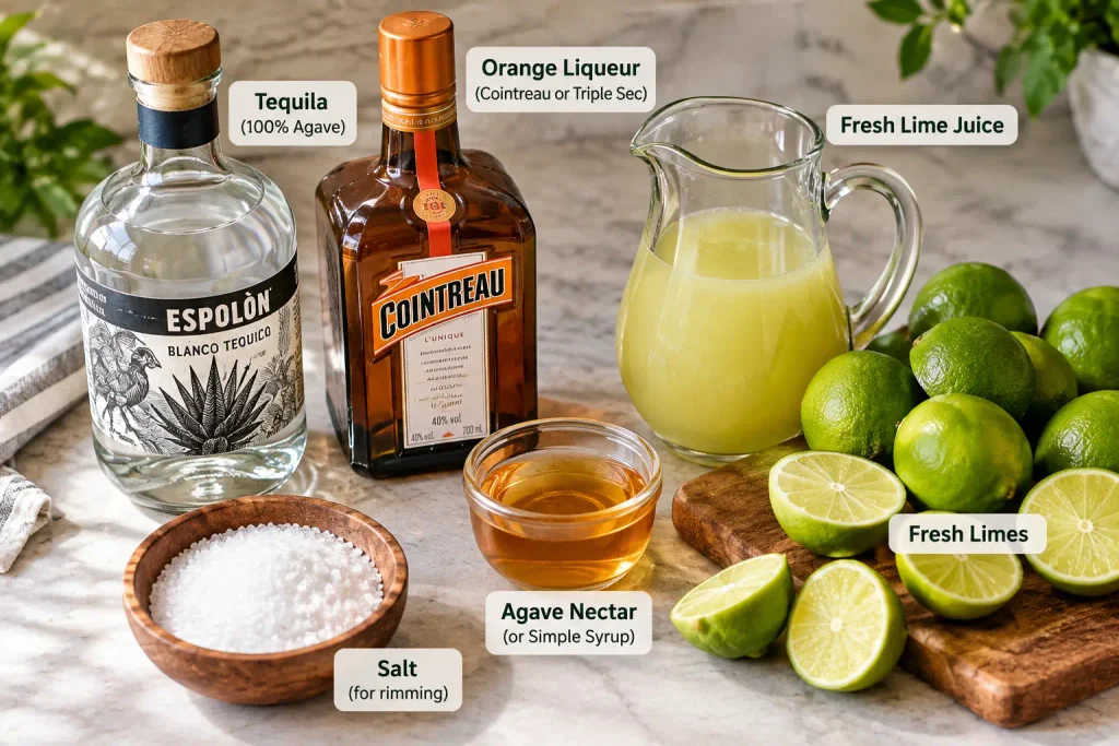 Margarita ingredients including tequila, orange liqueur, fresh limes, agave nectar, and salt arranged on a kitchen counter.