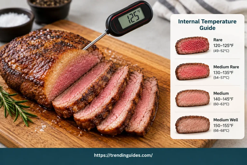 Picanha with a meat thermometer and temperature guide