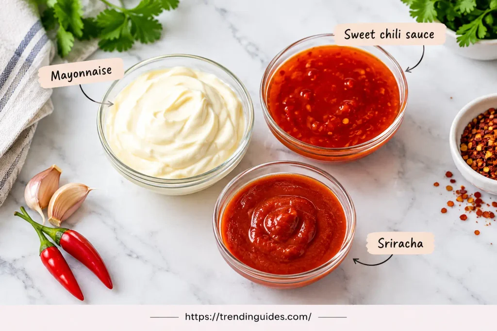 Mayo, sweet chili sauce and sriracha