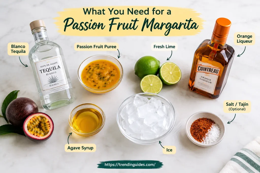 Passion fruit margarita ingredients with tequila, lime and puree