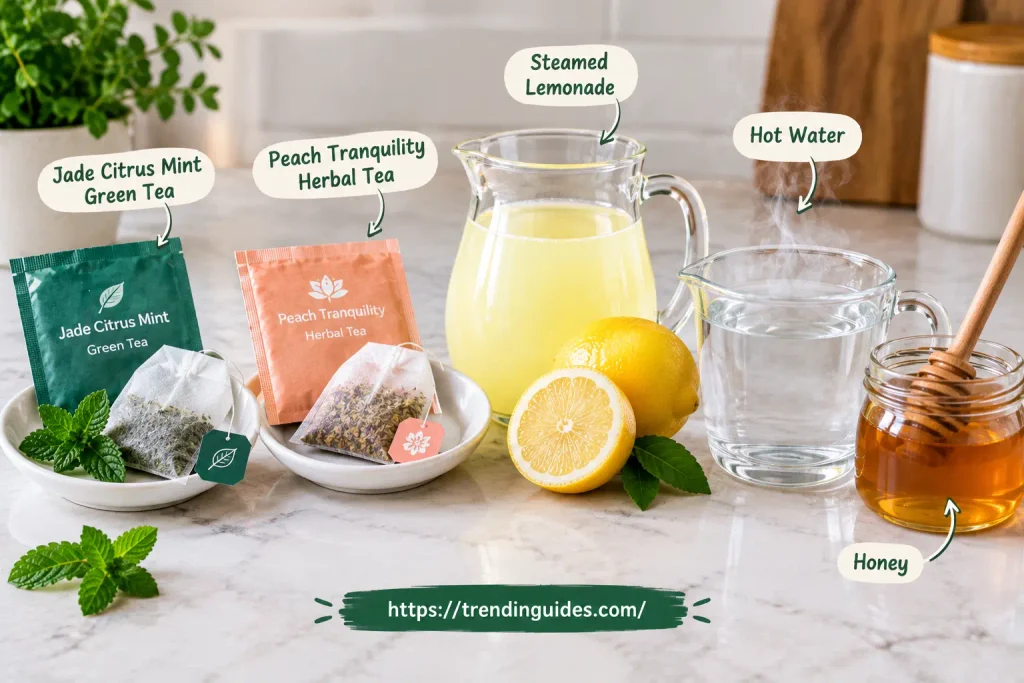 Steaming lemon tea with fresh mint and honey