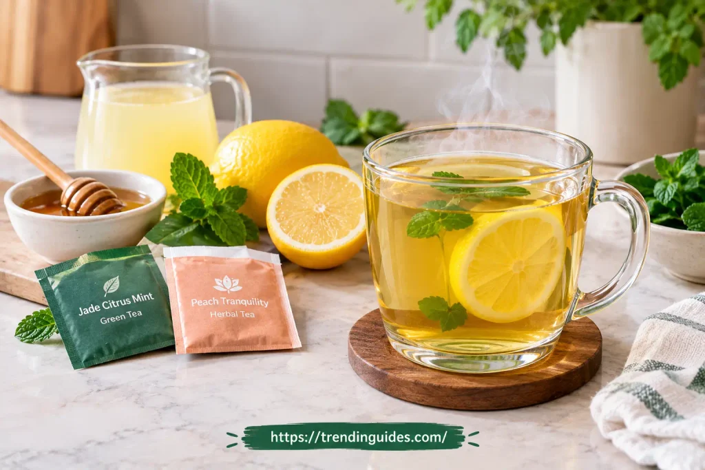 Warm lemon tea with honey and mint