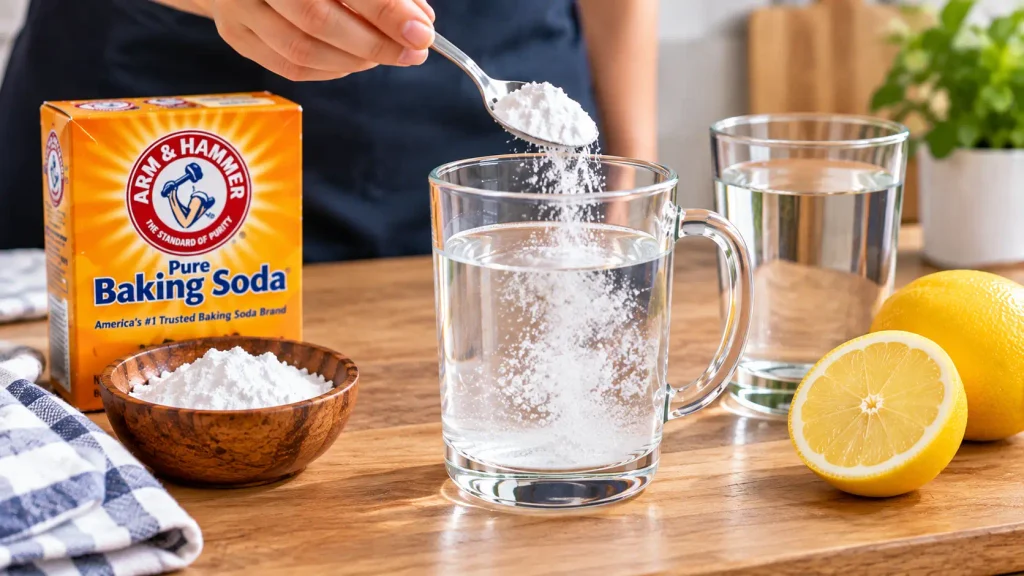 Baking soda being mixed into a glass of water with lemon nearby
