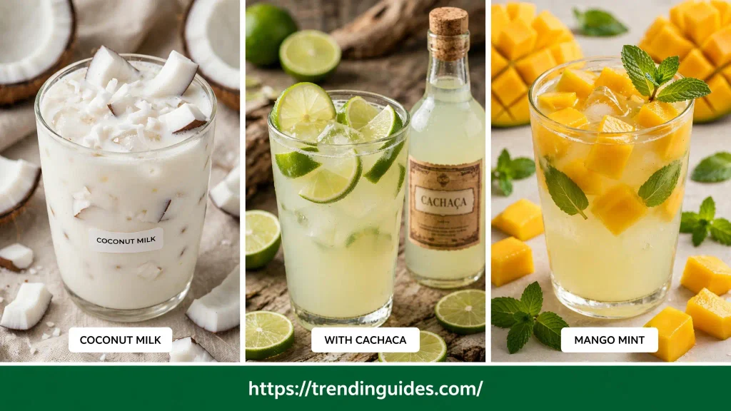 Brazilian lemonade variations — coconut milk, with cachaça, and mango mint