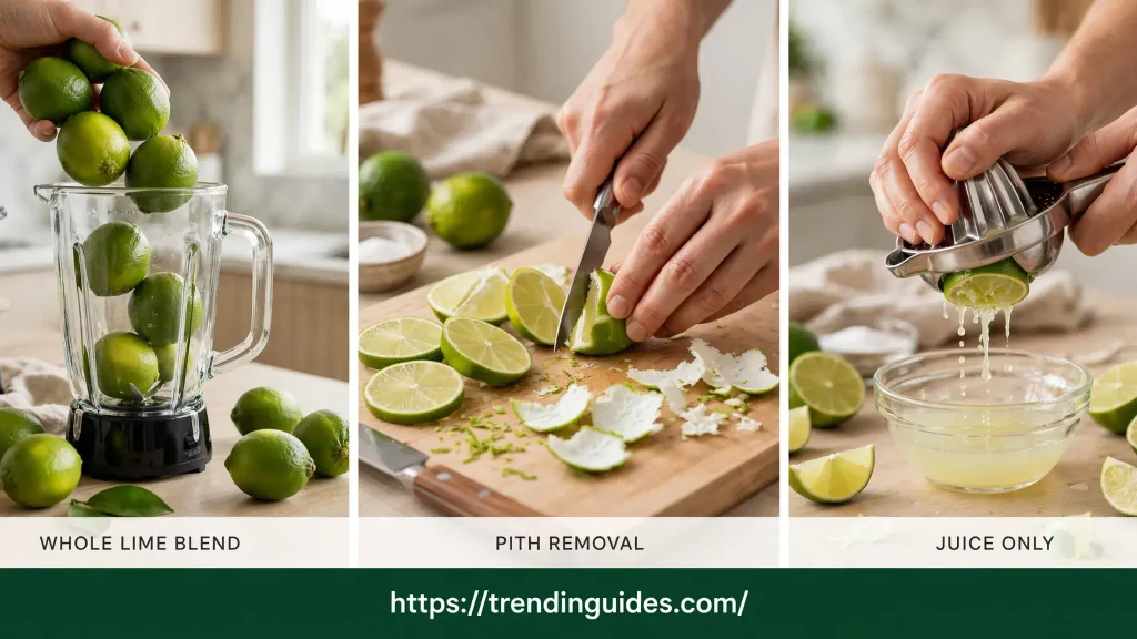 Three methods for making Brazilian lemonade — whole lime blend, pith removal, and juice only