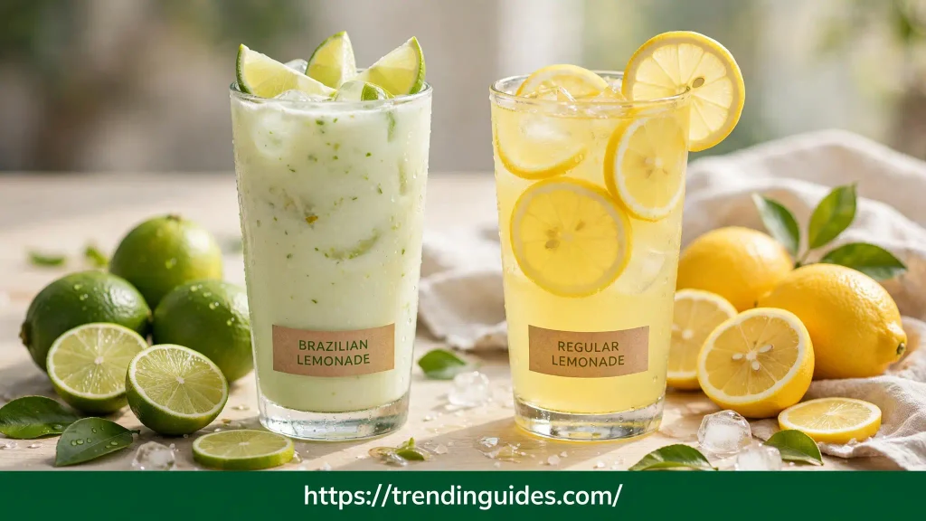 Brazilian lemonade vs regular lemonade side by side — creamy pale green vs clear yellow