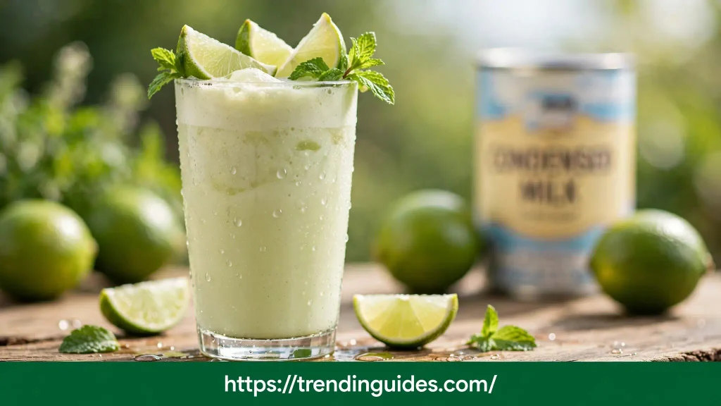 Creamy Brazilian lemonade in a tall glass with lime wedges and mint