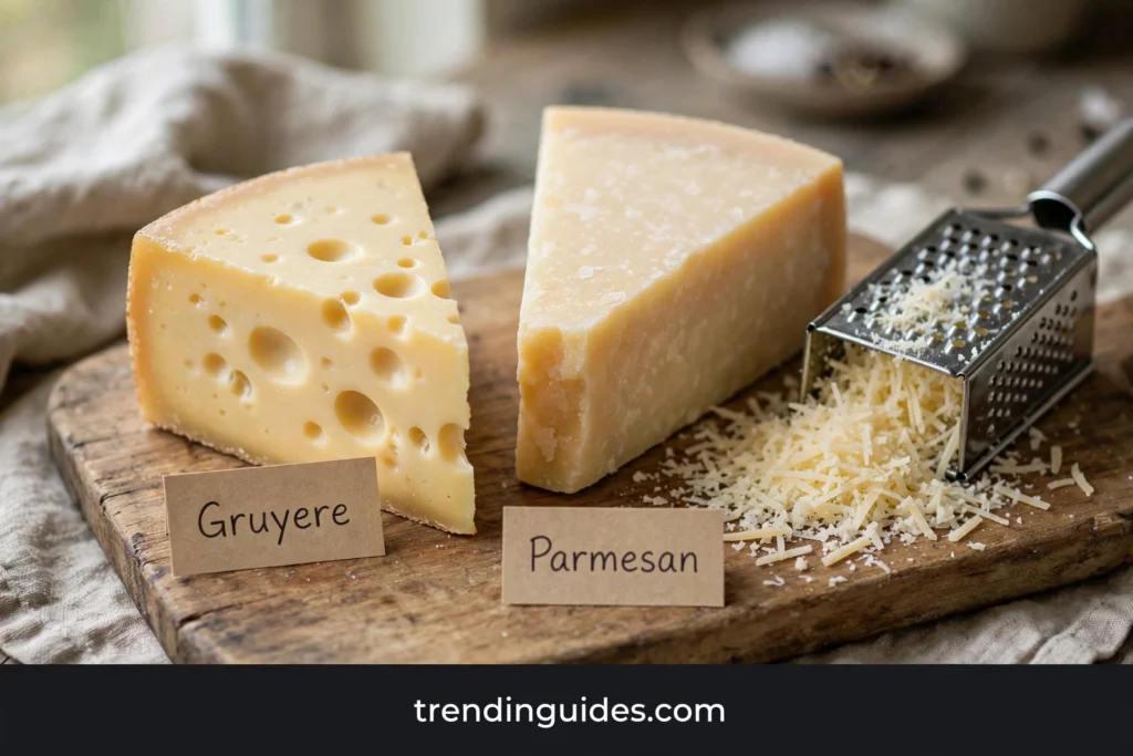 Gruyere and Parmesan cheese wedges with labels on a wooden board