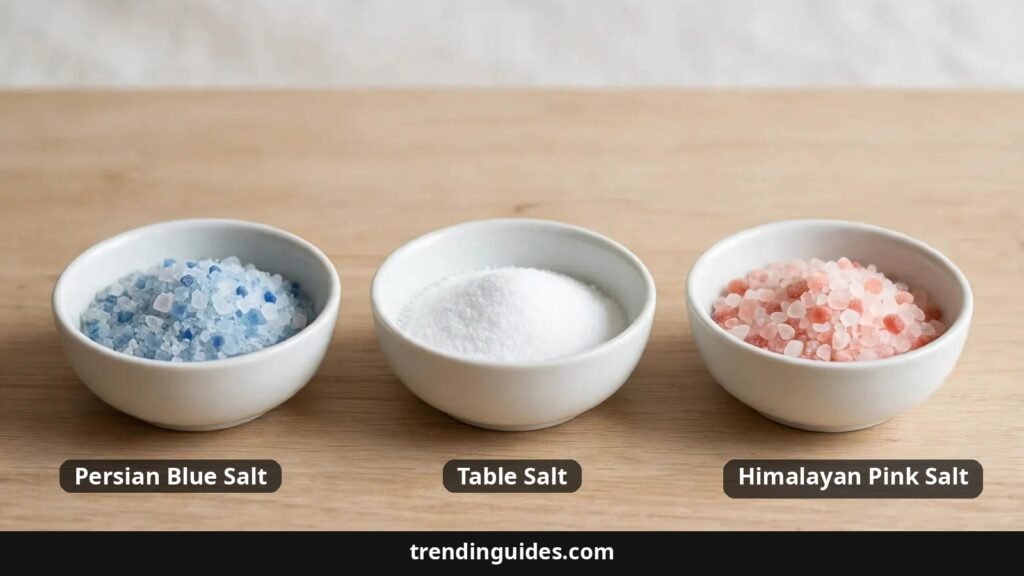 Three bowls of Persian blue salt, table salt, and Himalayan pink salt side by side