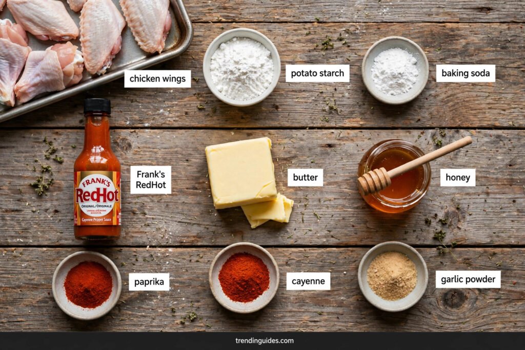 Overhead flat lay of buffalo wings ingredients: chicken wings, potato starch, baking soda, Frank's RedHot, butter, honey, paprika, cayenne and garlic powder