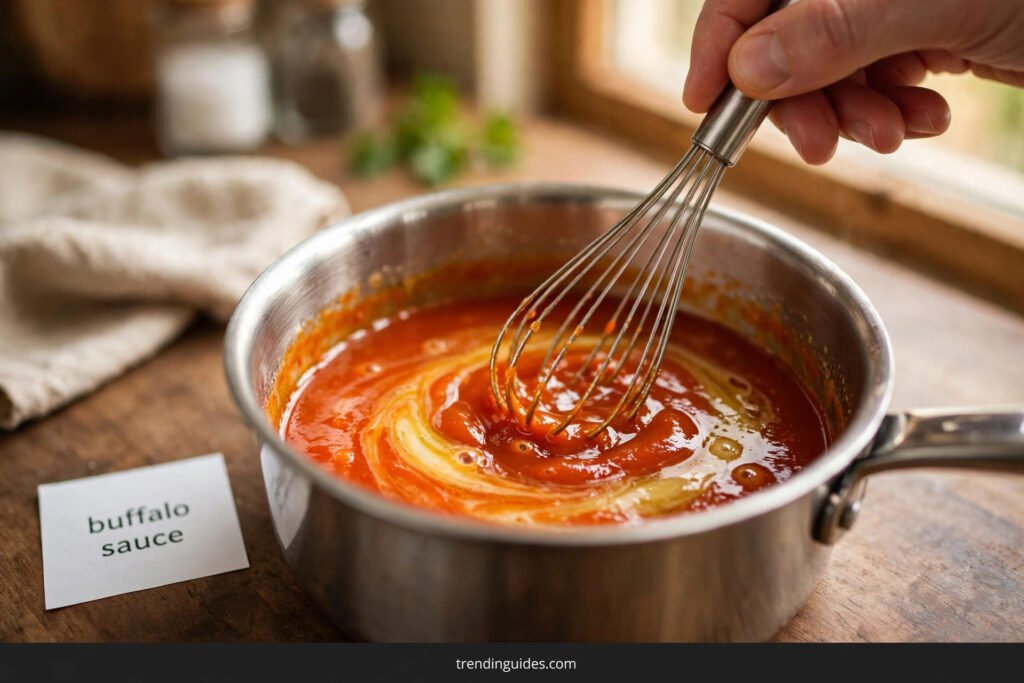 Glossy buffalo sauce being whisked in a saucepan