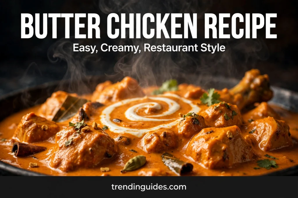 Butter chicken recipe thumbnail with creamy curry and steam