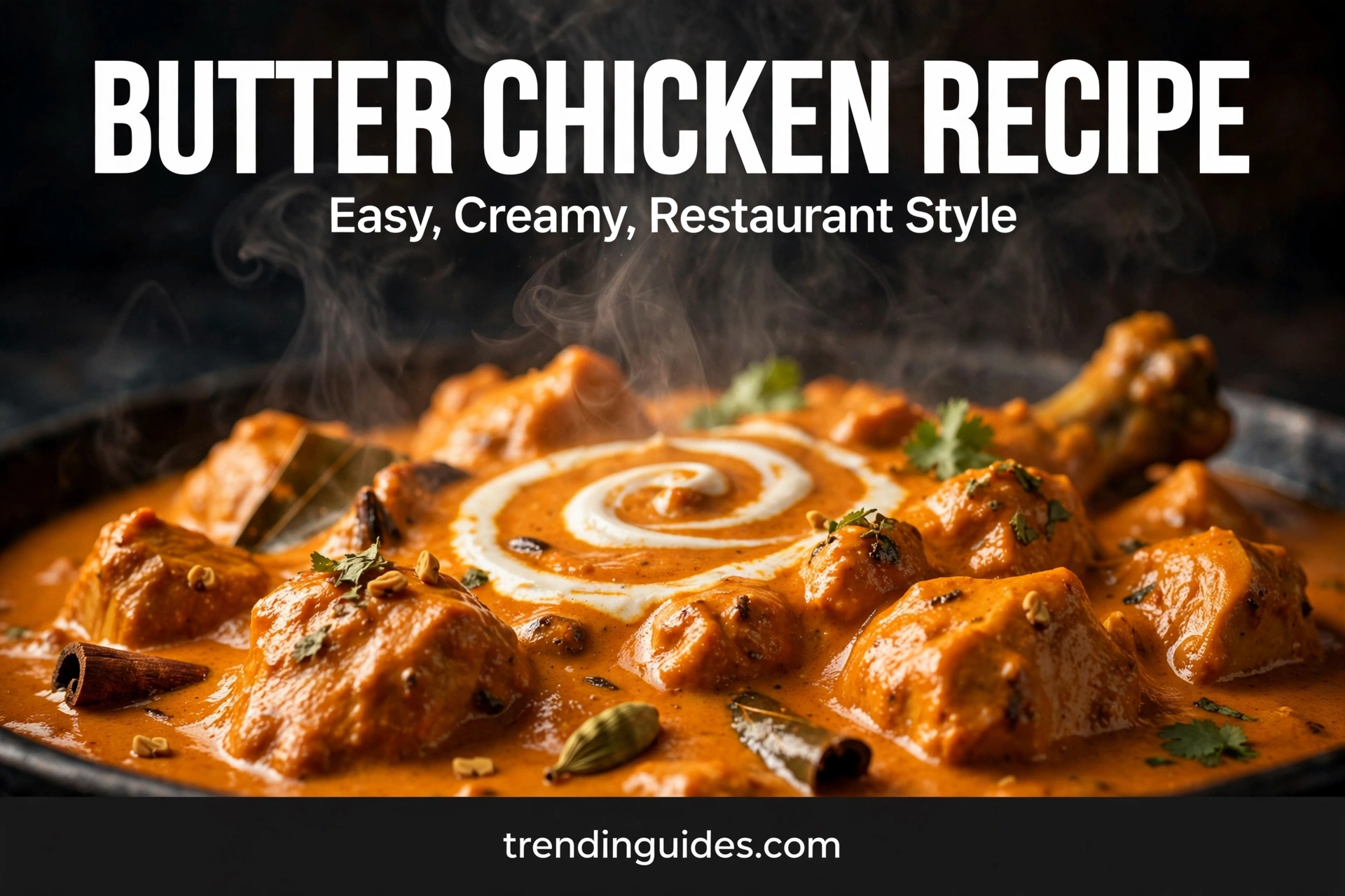 Butter chicken recipe thumbnail with creamy curry and steam