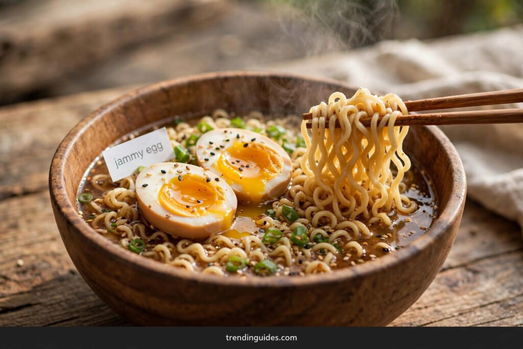 Bowl of packet ramen topped with a halved jammy egg, chopsticks lifting noodles