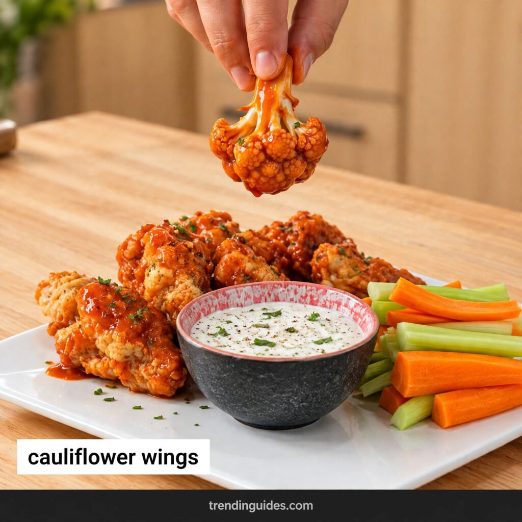 Crispy buffalo cauliflower wings styled like wings, with ranch dip, celery and carrot sticks