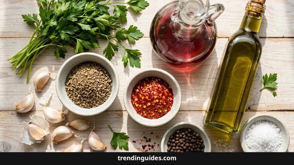 Flat-lay of chimichurri ingredients: fresh parsley, garlic, dried oregano, red wine vinegar, olive oil, chili flakes, salt and black pepper