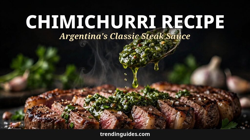 Bowl of fresh green chimichurri sauce with parsley, garlic, oregano and red wine vinegar