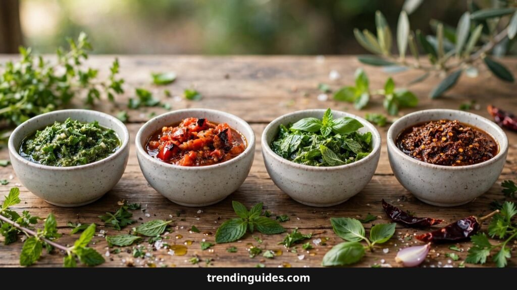 Four bowls of chimichurri variations: classic green, red, mint-basil, and chipotle