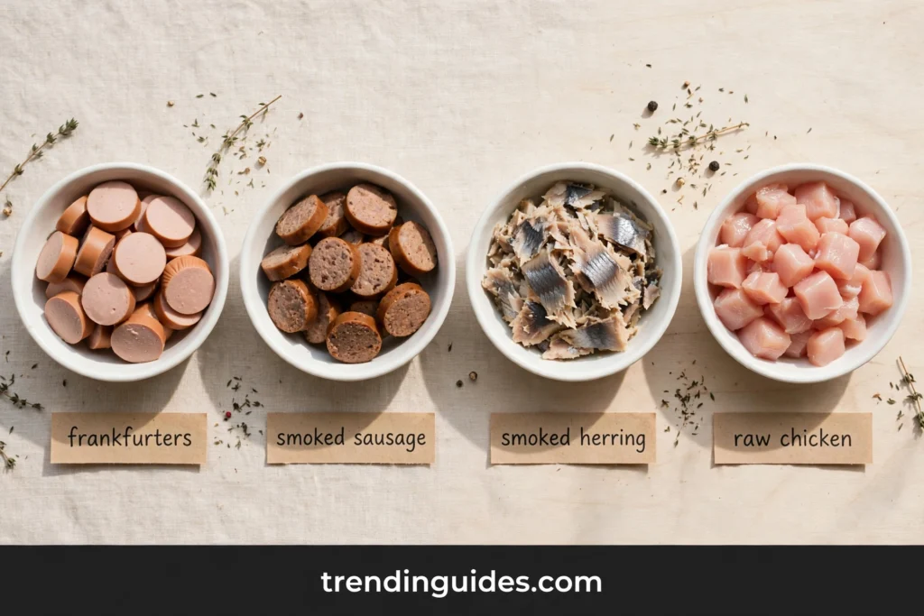 Four protein options for Haitian spaghetti with labels