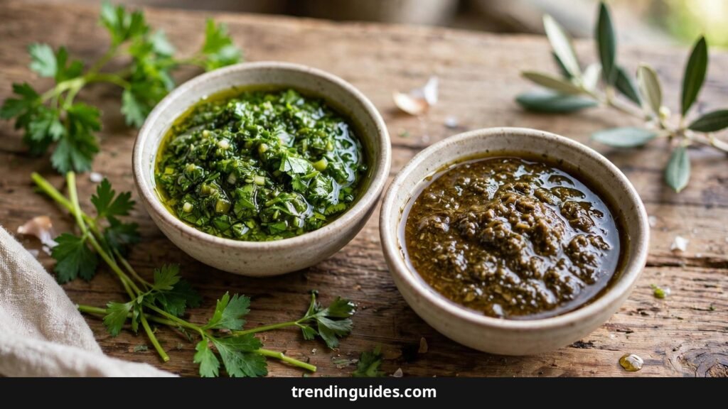 Fresh green chimichurri next to brown oxidized chimichurri