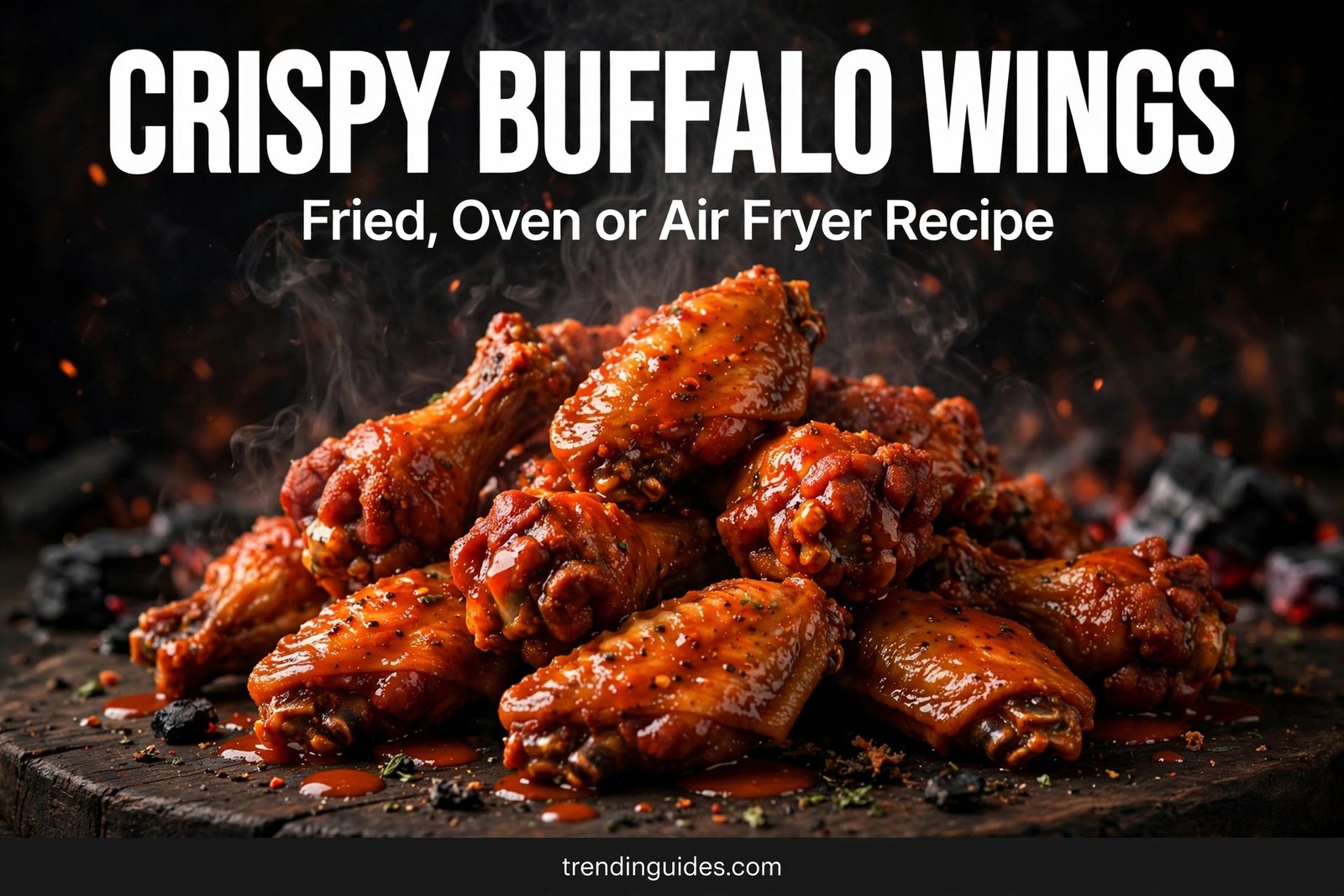 Crispy buffalo wings piled on a dark wooden board with glowing embers