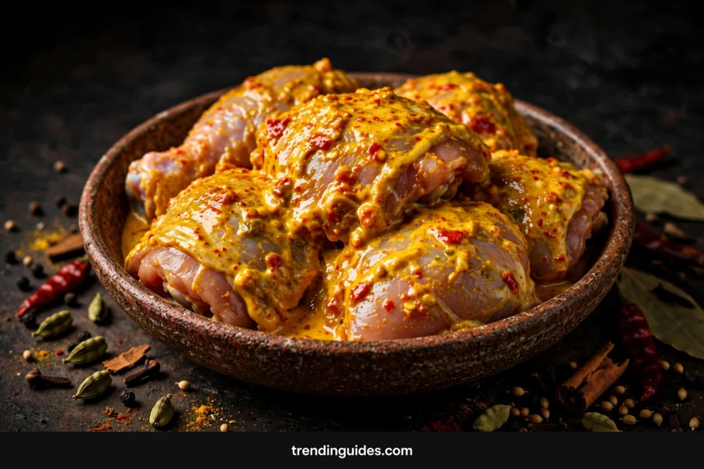 Chicken thighs coated in yogurt spice marinade